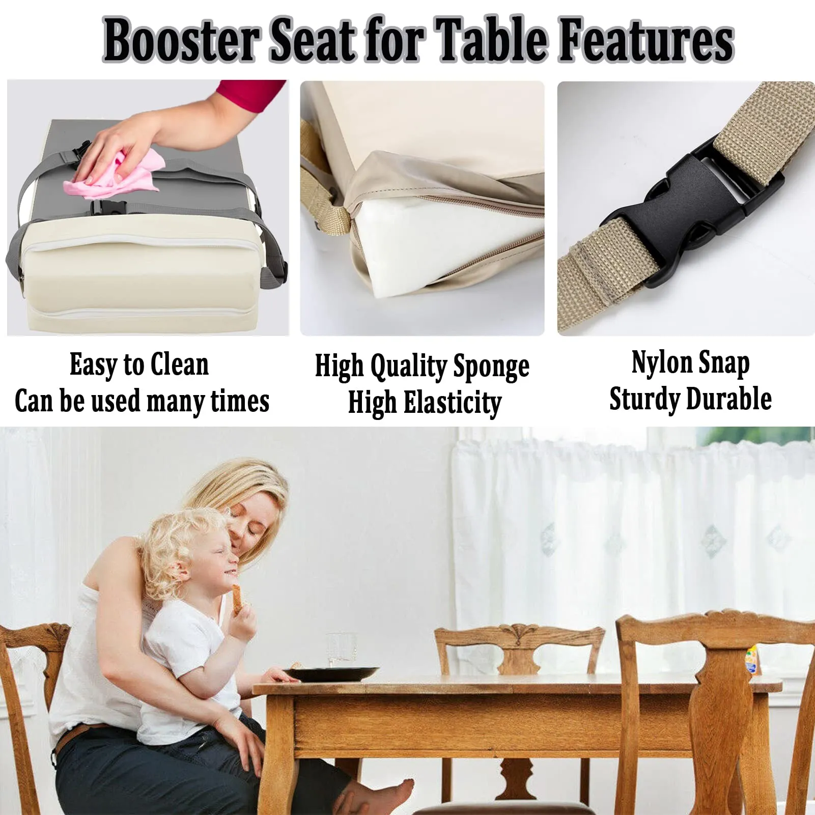 Booster Seat for Dining Table Dismountable Washable Highchair Booster Cushion Chair Heightening Seat Pad with 2 Straps Safety Buckle for Kids (Grey) Grey