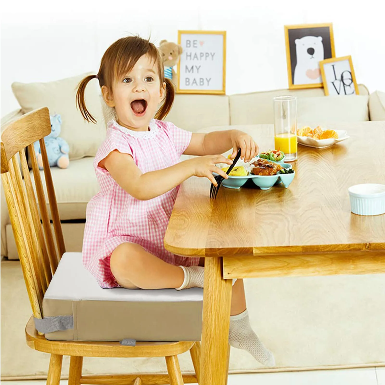 Booster Seat for Dining Table Dismountable Washable Highchair Booster Cushion Chair Heightening Seat Pad with 2 Straps Safety Buckle for Kids (Grey) Grey