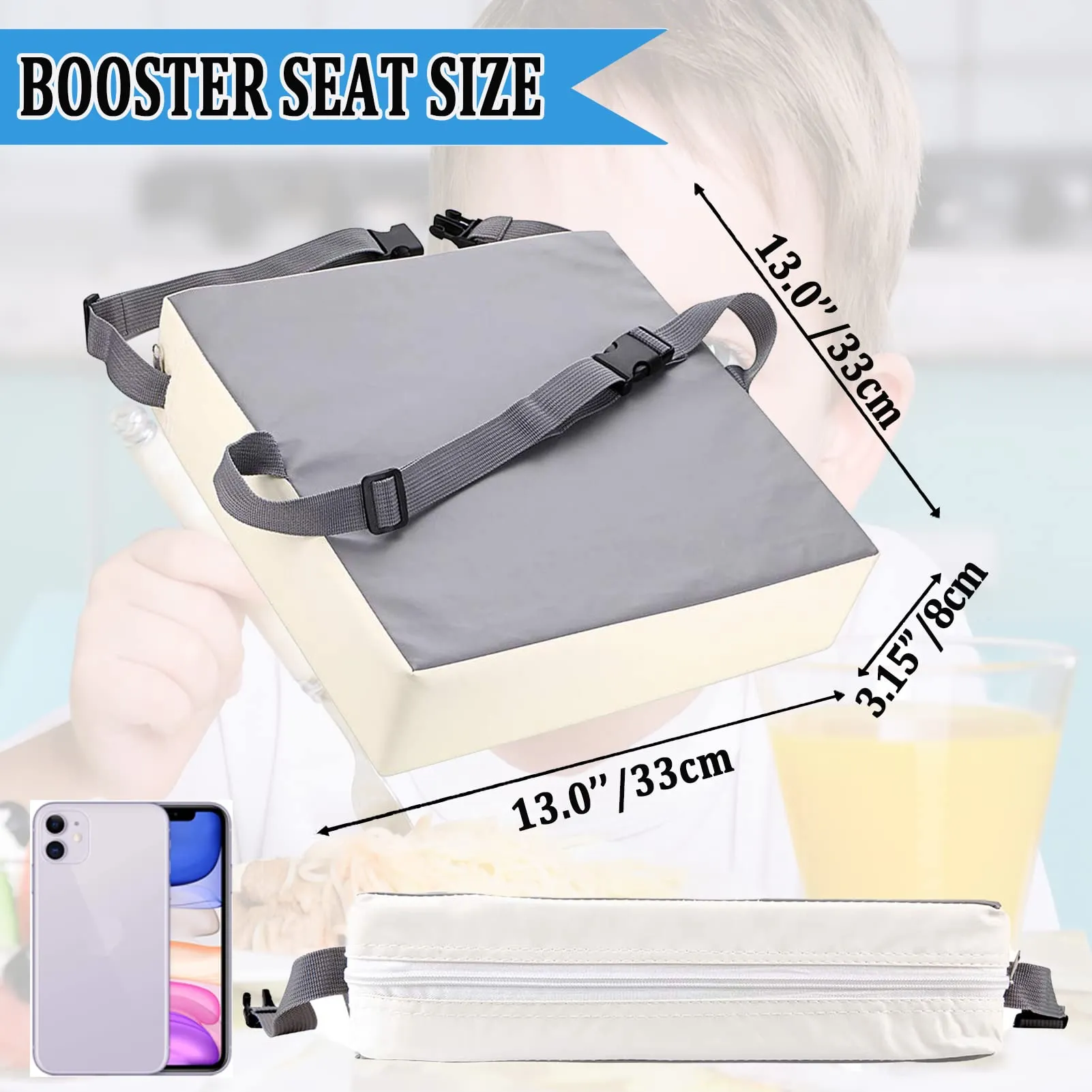 Booster Seat for Dining Table Dismountable Washable Highchair Booster Cushion Chair Heightening Seat Pad with 2 Straps Safety Buckle for Kids (Grey) Grey